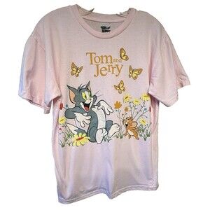 Tom and Jerry Shirt Womens Large Pink Short Sleeve Tee Size L